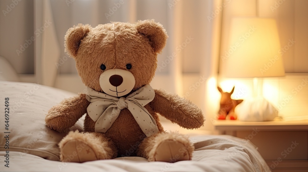 Teddy bear on bed in childs room.
