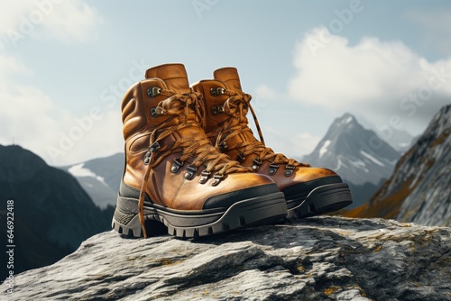 hiking boots on top of a rock in the mountains Generative Ai
