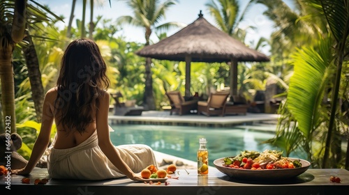 Girl relax in the pool on luxury resort, tropical travel