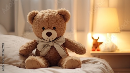 Teddy bear on bed in childs room.