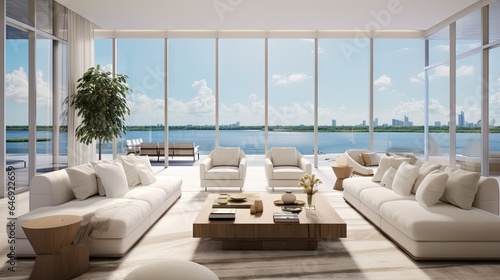 April 2020 in South Florida boasts a sleek living space that offers breathtaking vistas of the bay and city through expansive floor to ceiling windows. The minimalist white interior is adorned with © Vusal