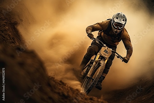 Extreme sports in nature and a healthy lifestyle. A cyclist rides a bicycle on an extreme descent. A man on a mountain bike races through the mountains.