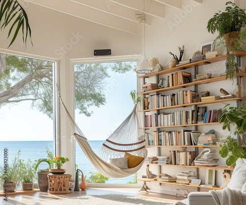 The living room is spacious and bright, with large windows overlooking the ocean, a comfortable armchair, a bookshelf and a hammock for relaxation. Natural light. Interior of Eco house