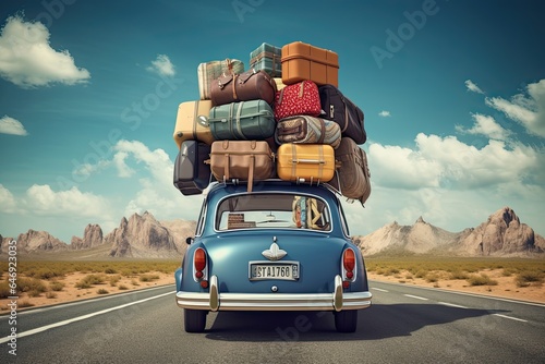 Travelling by car. Back view of a retro car with luggage on the roof. Car on the road with a lot of suitcases on roof. Family travel on vacation.