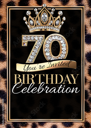 70th Gold Black Cheetah Print Birthday Party Invitation Template Design photo