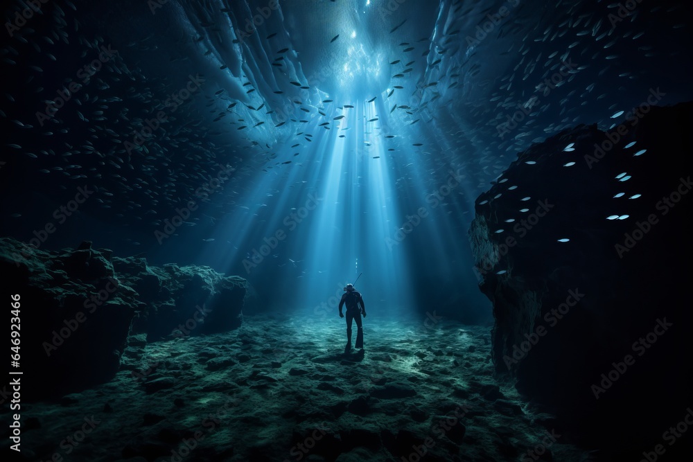 Diver's silhouette elegantly suspended, sunrays piercing the deep blue, creating a mesmerizing dance of light and shadow beneath the waves.