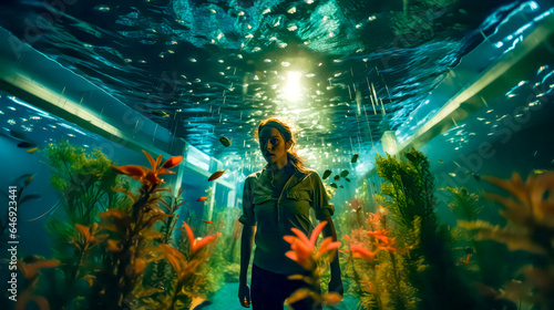 Man standing in front of fish tank in room filled with plants.