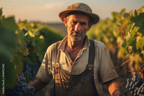 Winegrower amidst lush rolling vineyards, hands caressing ripe grapes, golden hues of harvest season painting the landscape.