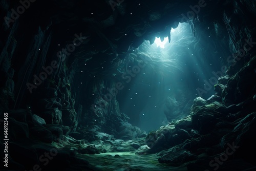 Mysterious underwater cave, where beams of light penetrate the darkness, unveiling the secrets of a hidden aquatic realm. © Kishore Newton