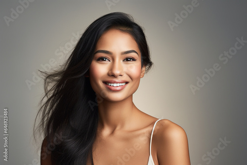 Attractive young Asian Indian woman with a gorgeous smile and perfect, radiant skin. ideal for cover, poster, beauty advertising