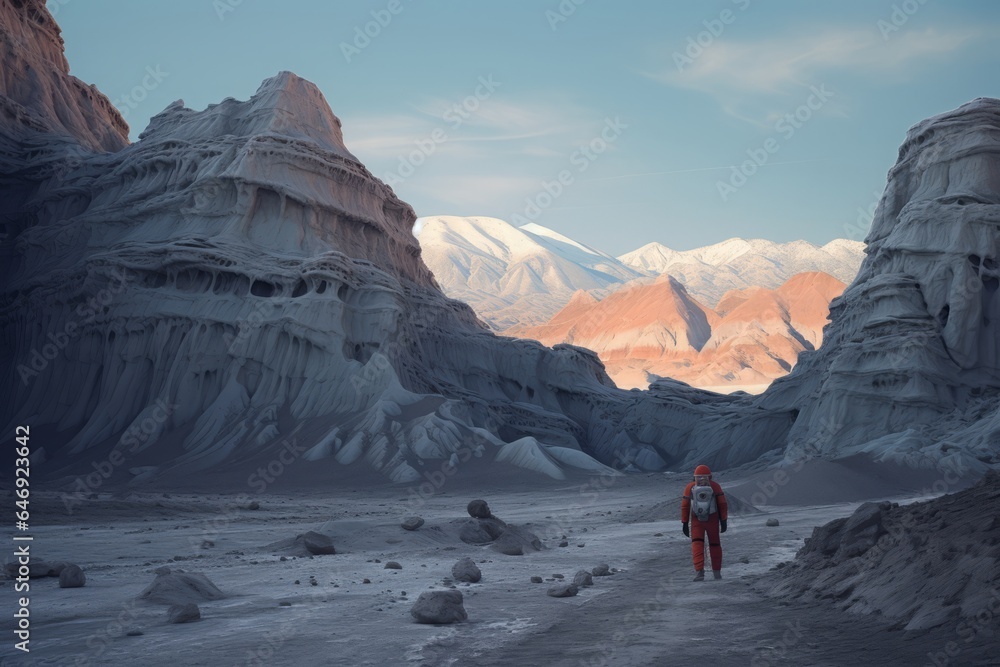 An astronaut figure, juxtaposed against surreal, alien-like terrains, explores the unknown mysteries of a world beyond our own.