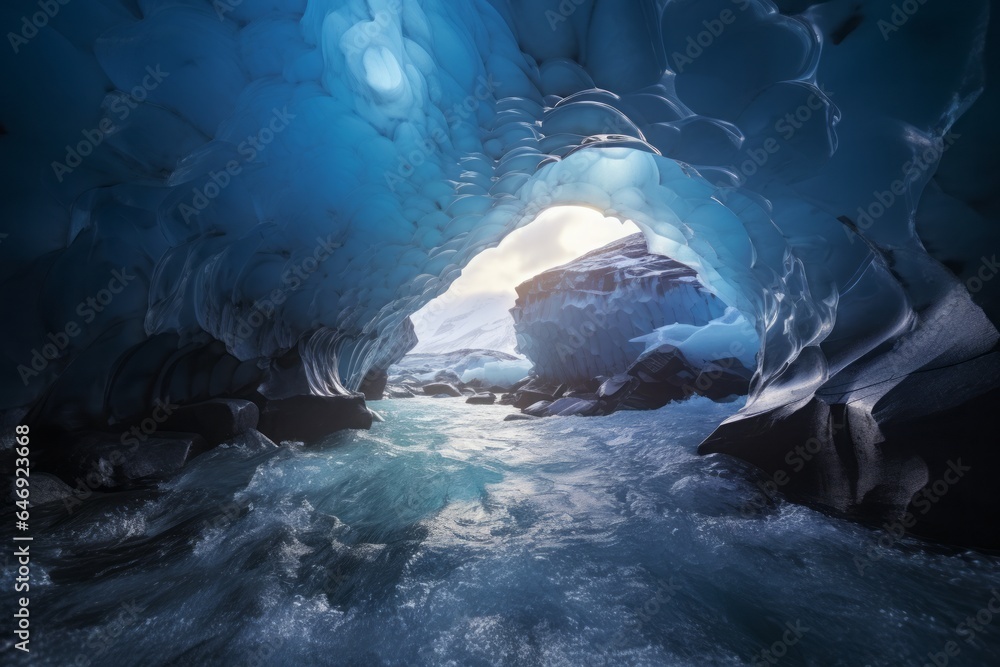 Ethereal blue ice caves, where the soft glow of sunlight filters ...