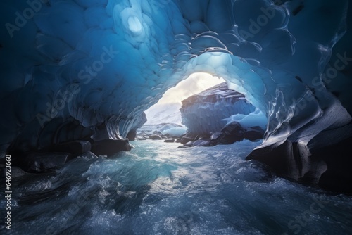 Ethereal blue ice caves, where the soft glow of sunlight filters through delicate cracks, unveiling a frozen, dreamlike sanctuary.