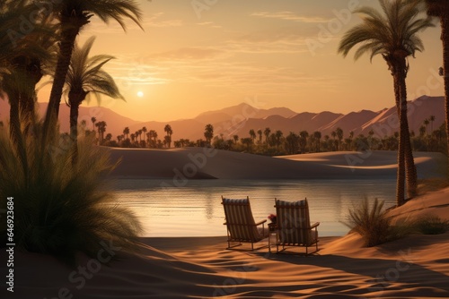 Two empty chairs poised by a serene desert oasis, inviting solitude and reflection amidst the vast, endless sands.