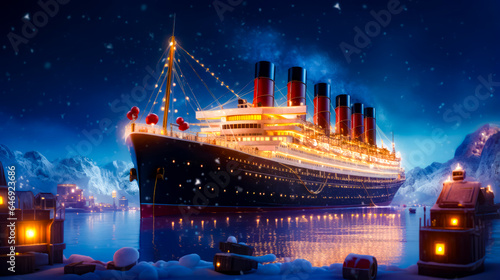 Large cruise ship floating on top of body of water under sky filled with stars.