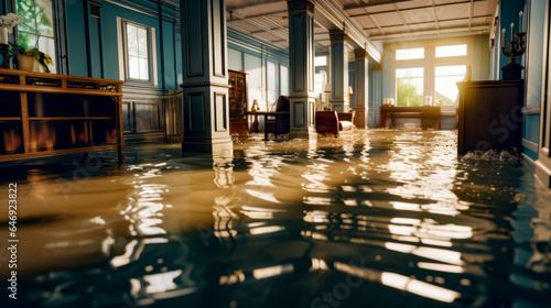 Flooded living room with couch and chair in the middle of the room.