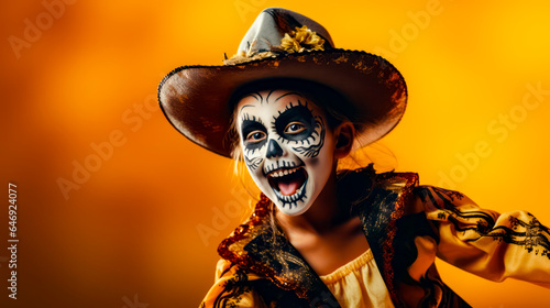 Young girl wearing skeleton makeup and hat with flowers on her head.