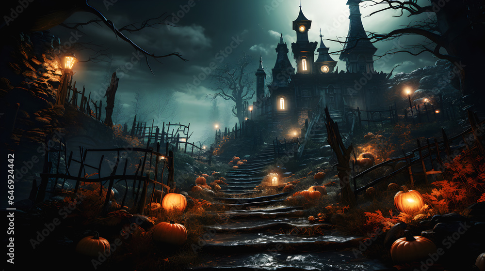 Old haunted abandoned mansion with Halloween pumpkins, Jack O Lantern, decoration in spooky Halloween night atmosphere, Generative AI