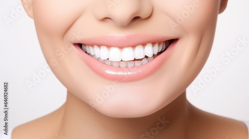 Female grin with gleaming white teeth  demonstrating good dental health and cleanliness