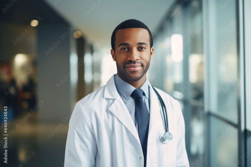 Portrait of Smiling African Male Doctor utilizing a stethoscope in a medical clinic. Concept of healthcare, treatment, and medical personnel. Portrait of Smiling African Male Doctor utilizing a stethoscope in a medical clinic. Concept of healthcare, treatment, and medical personnel.