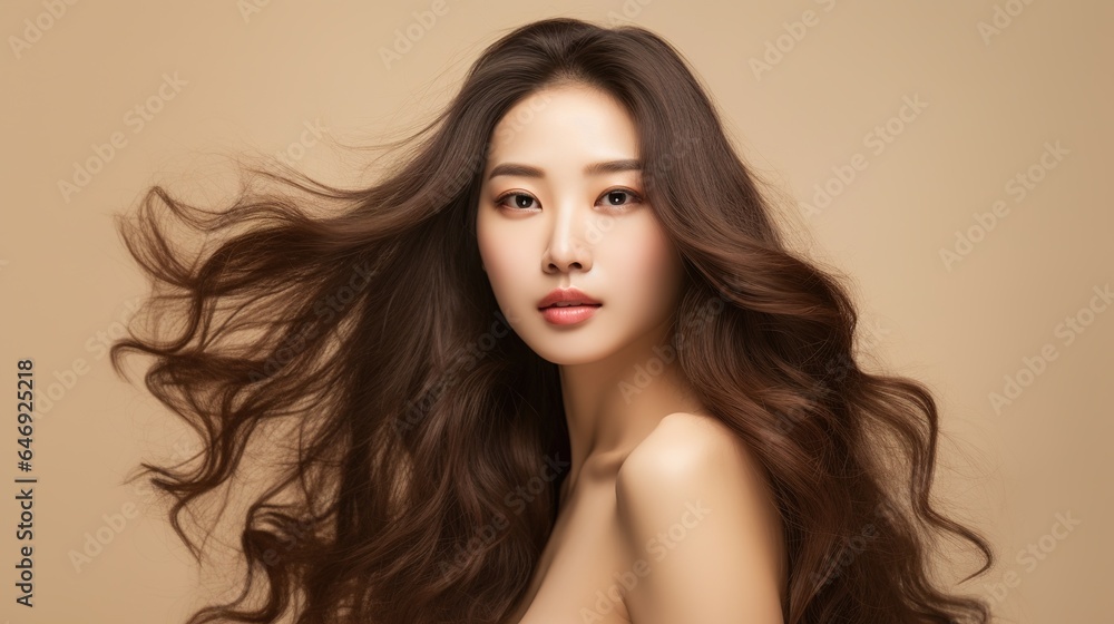 Naklejka premium Portrait of a woman with hair, Face care, Facial treatment, Cosmetology, beauty and spa, Asian women portrait