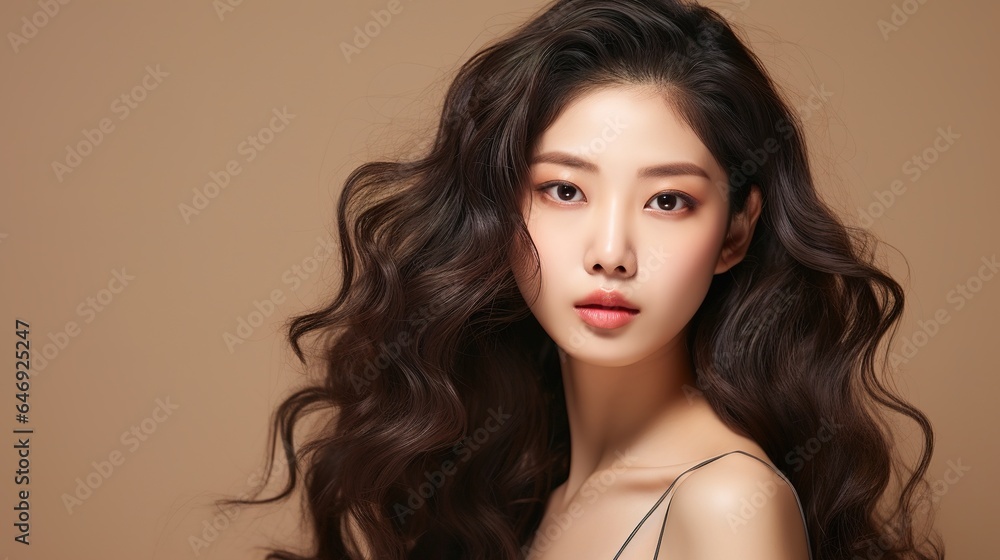 Face of beauty. Portrait of a woman with natural makeup and good skin. A beautiful Asian girl model touches her fresh, radiant, hydrated facial skin. generative ai Face of beauty. Portrait of a woman with natural makeup and good skin. A beautiful Asian girl model touches her fresh, radiant, hydrated facial skin. generative ai