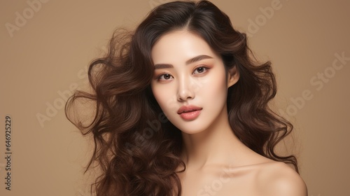 Face of beauty. Portrait of a woman with natural makeup and good skin. A beautiful Asian girl model touches her fresh, radiant, hydrated facial skin. generative ai