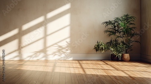 Shadowed plants decorating an empty room with wooden floors.