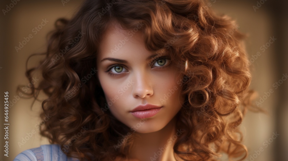 Close-up of a woman with curly hair. natural curls, attractiveness face woman with skin care Close-up of a woman with curly hair. natural curls, attractiveness face woman with skin care