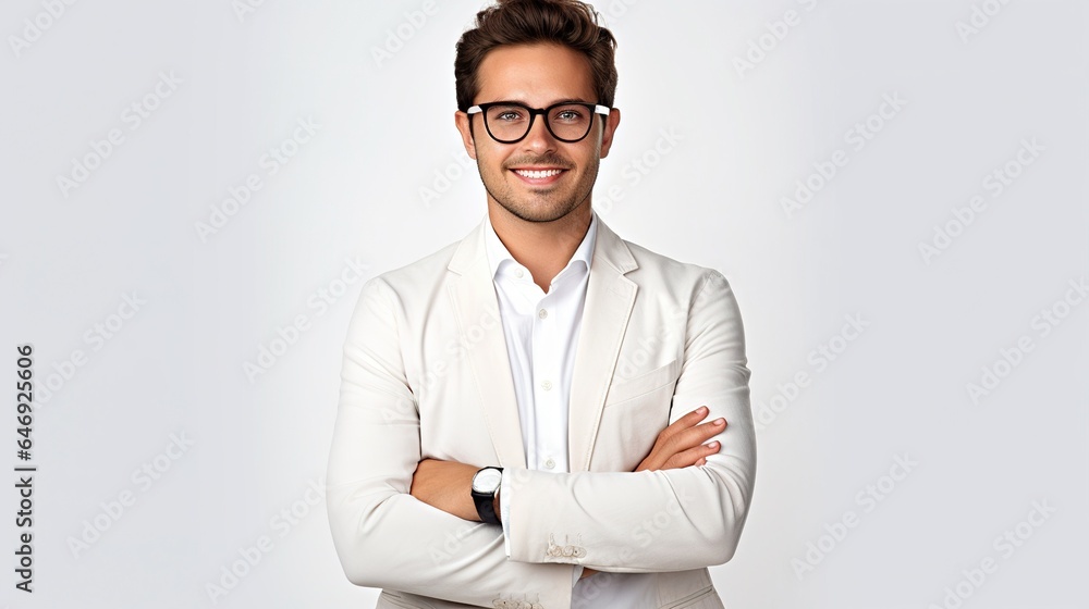 businessman with his arms crossed smiles and looks at the camera. profitable business idea on white background. generative ai businessman with his arms crossed smiles and looks at the camera. profitable business idea on white background. generative ai