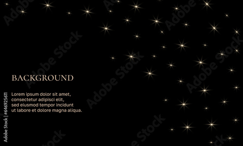 Vector Gold glitter border with sparkles. Background with magic dust glows on dark. Light effect.