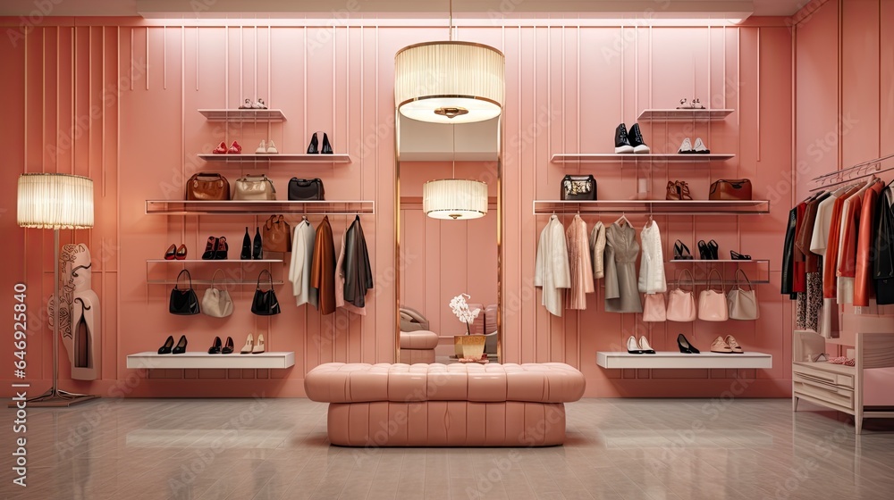 Contemporary interior of dressing room featuring fashionable womens clothes and shoe display. - obrazy, fototapety, plakaty 