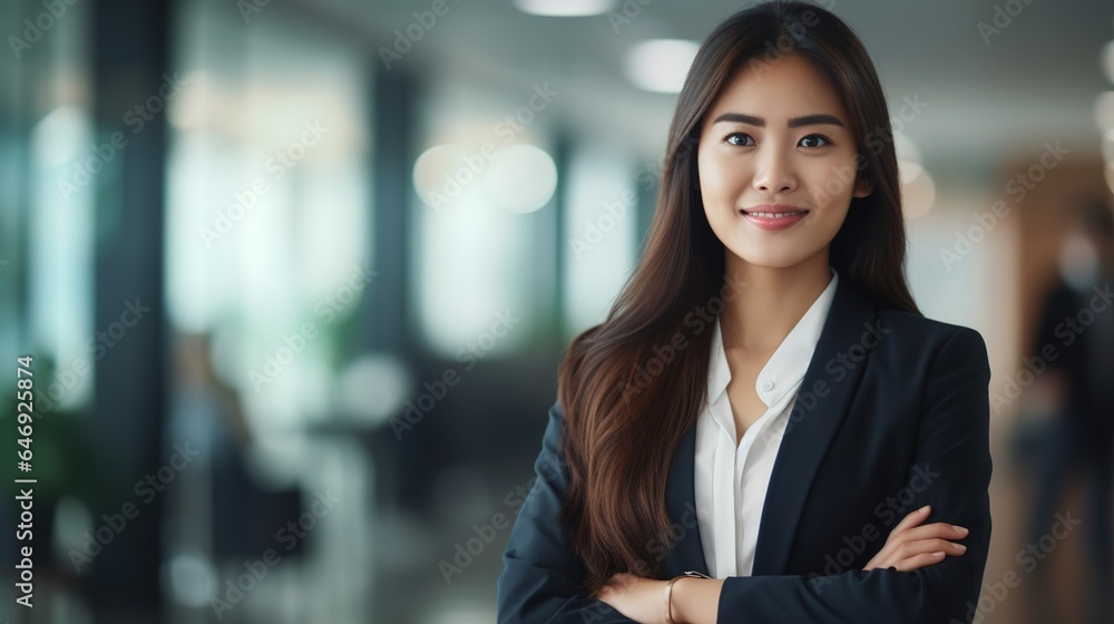 Portrait of a young Asian businesswoman standing with her arms crossed in an office. generative ai