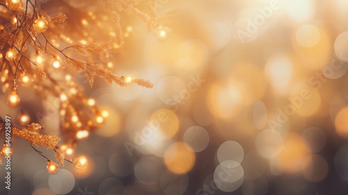 Beautiful Christmas defocused blurred bokeh background with Christmas tree and light bulbs.