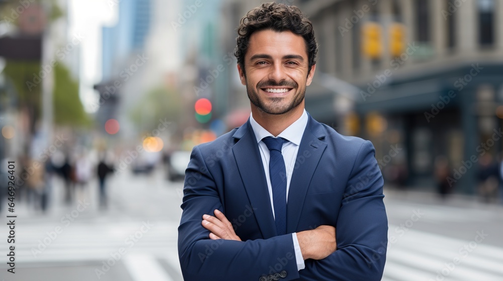 businessman with arm crossed on street background. generative ai