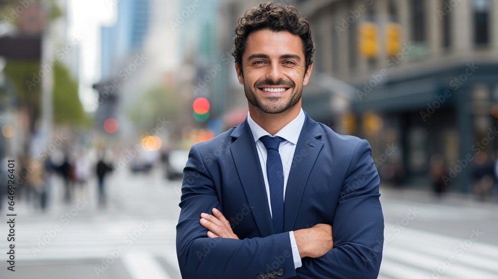 businessman with arm crossed on street background. generative ai businessman with arm crossed on street background. generative ai
