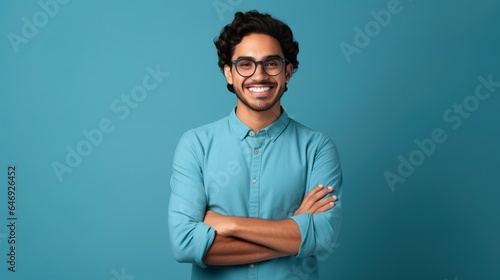 Portrait of a man with glasses on blue background. generative ai
