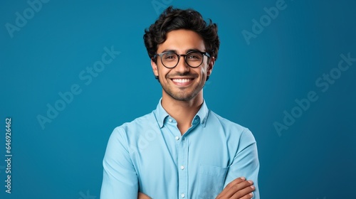 Portrait of a man with glasses on blue background. generative ai