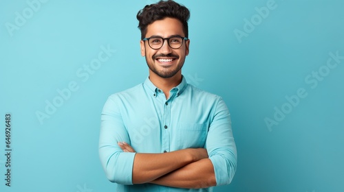 portrait of a man with crossed arms on blue background