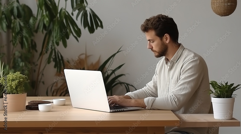 Man working on laptop computer on desk at home office. generative ai Man working on laptop computer on desk at home office. generative ai