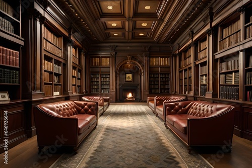 a scene that embodies the beauty of a Colonial Revival library, complete with rich leather-bound books and the ambiance of a roaring fireplace