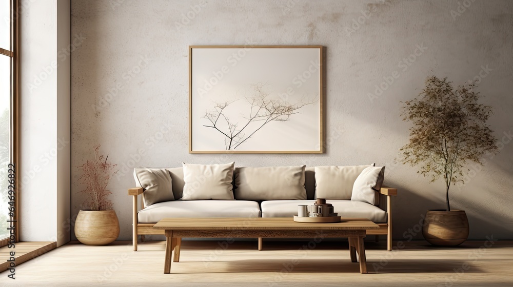 Illustration of a wooden frame, low sofa, coffee table, and dried grass in a warm neutral interior with a concrete wall background. Illustration of a wooden frame, low sofa, coffee table, and dried grass in a warm neutral interior with a concrete wall background.