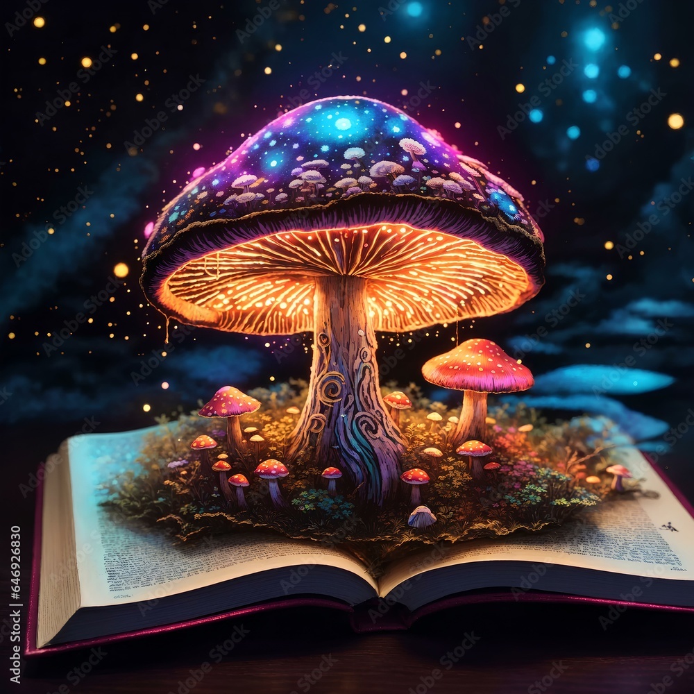 beautiful mushrooms come out of a book with attractive light and details beautiful mushrooms come out of a book with attractive light and details