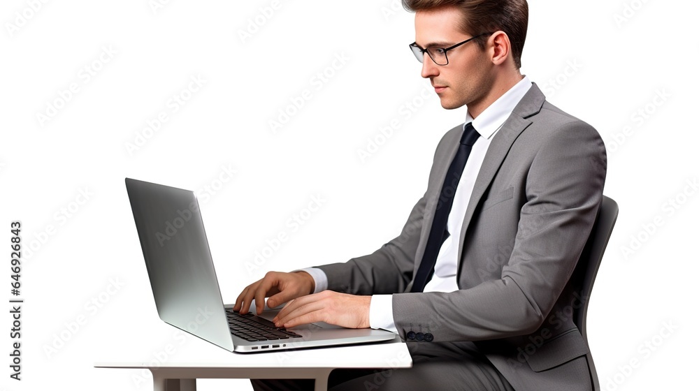 Businessman working on laptop on white background. generative ai Businessman working on laptop on white background. generative ai