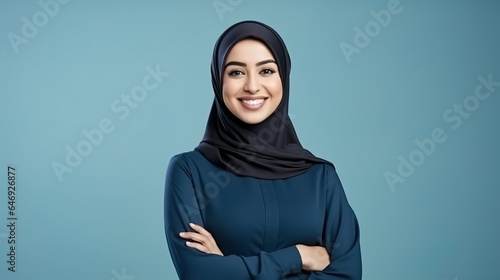 Young confident arabian asian muslim woman in abaya hijab with hands crossed folded isolated on a plain blue background studio portrait. generative ai