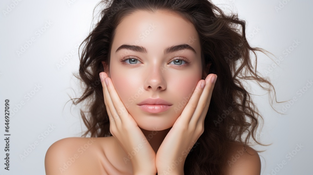 Close-up portrait of a brunette model with flawless skin, natural makeup, and long hair, showcasing both beauty and fashion Close-up portrait of a brunette model with flawless skin, natural makeup, and long hair, showcasing both beauty and fashion