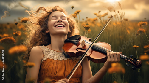 Beautiful young girl plays the violin in a field of wild cetaceans, smiling happily, music therapy