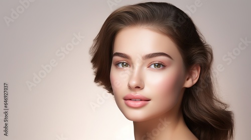 Beautiful woman with flawless skin isolated on a white backdrop. Natural beauty concept, plastic surgery, cosmetology, cosmetics, skin care