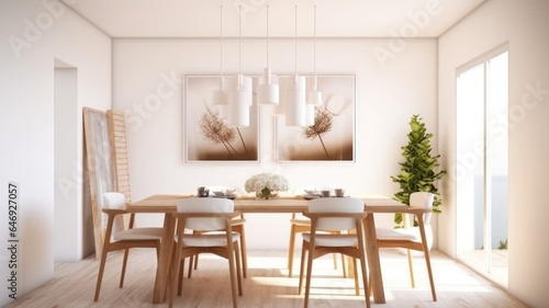 Interior design inspiration of Scandinavian Minimalist style home dining room loveliness decorated with White and Wood material and Statement Art .Generative AI home interior design . © Summit Art Creations