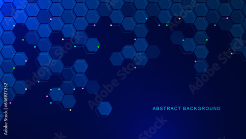 Abstract hexagon pattern with color glowing particles. Big data visualization. Modern science and technology background.